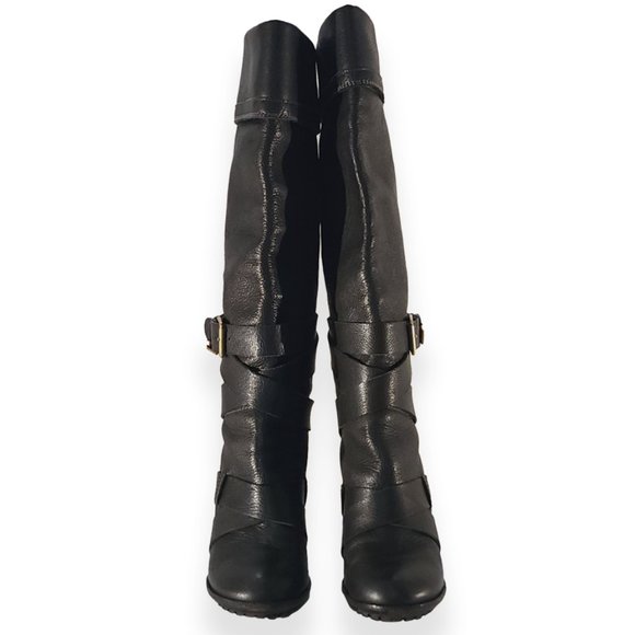Chloe Black Leather Heeled Boots with Leather Straps & "C" Buckle